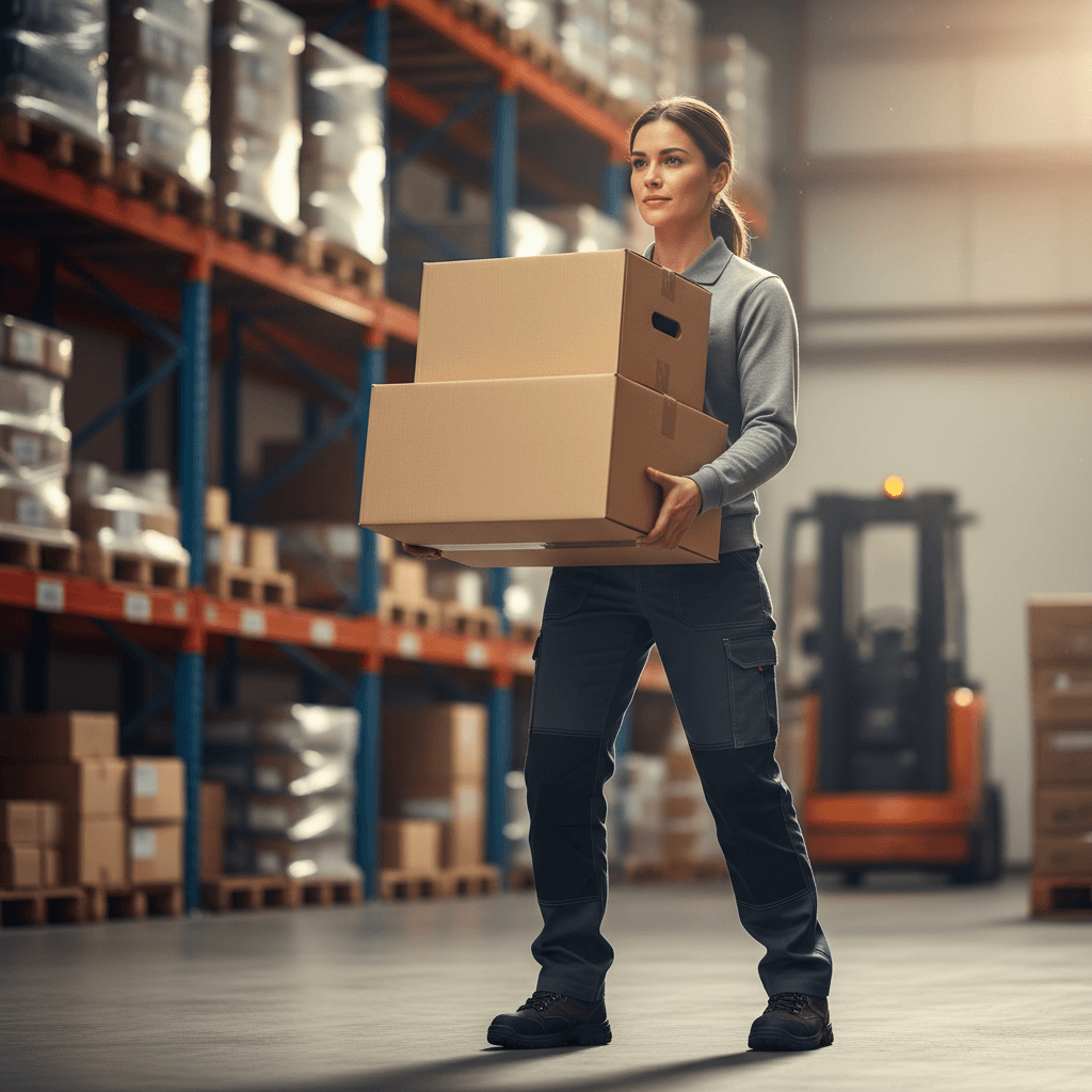 Employee demonstrating safe manual handling technique in warehouse environment