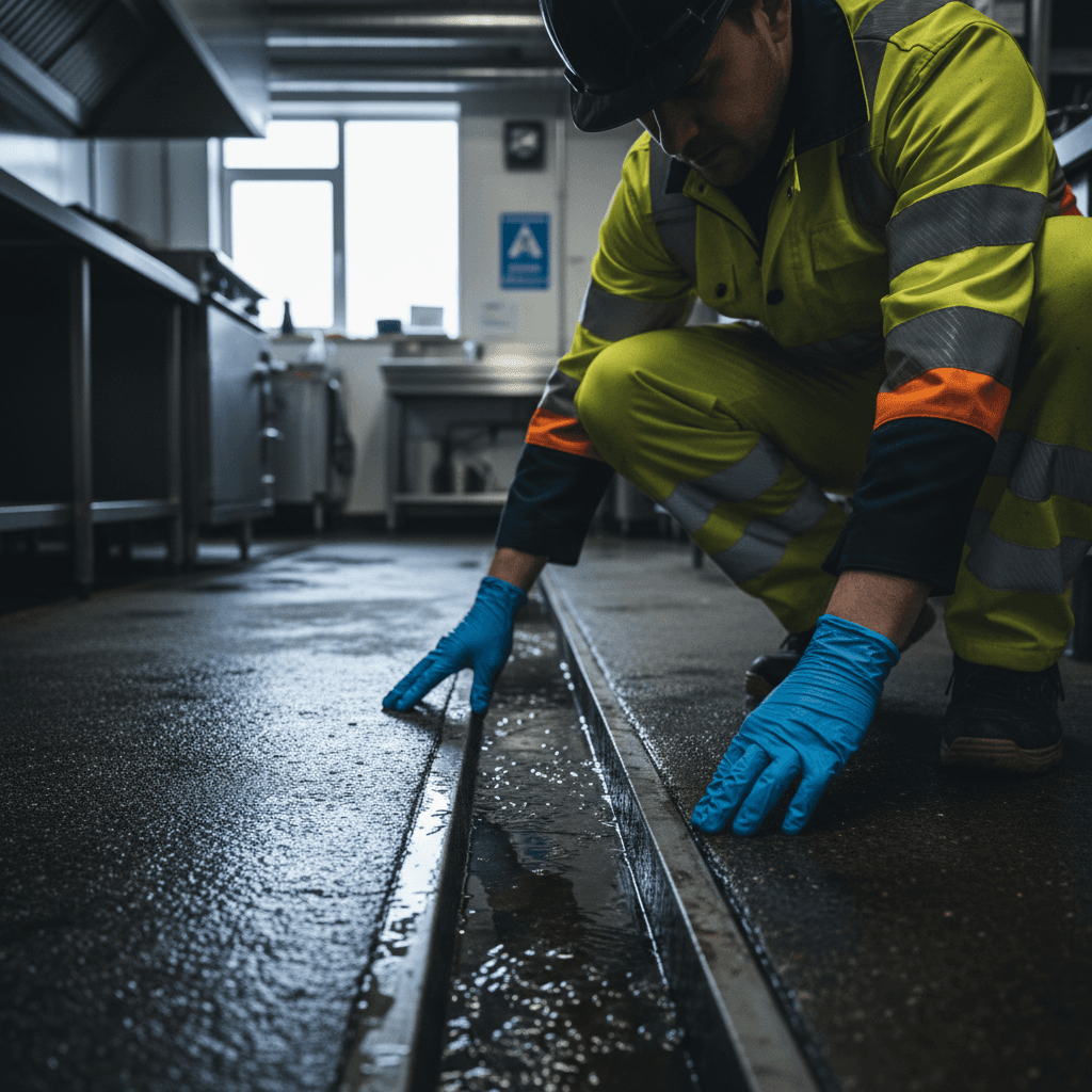 Safety inspector examining wet flooring and water hazards in workplace