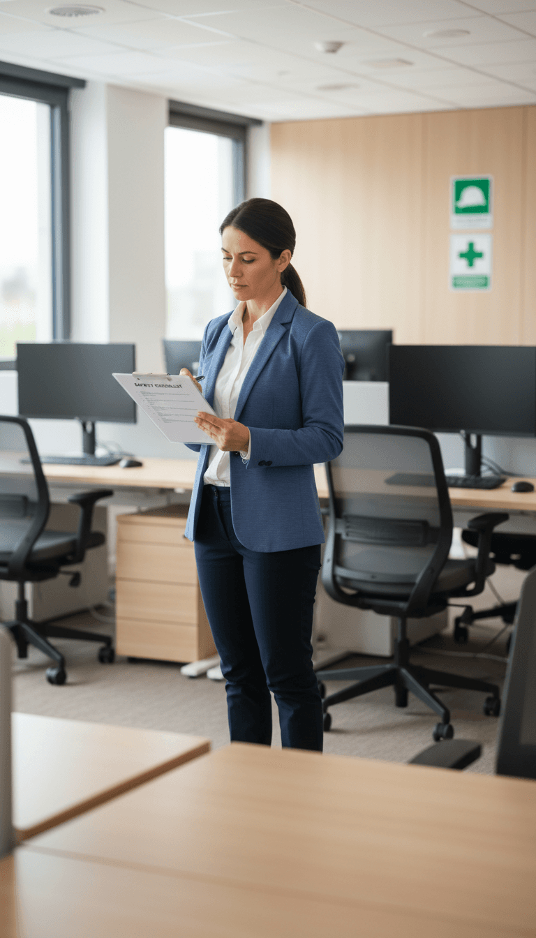 Safety professional conducting workplace compliance checklist
