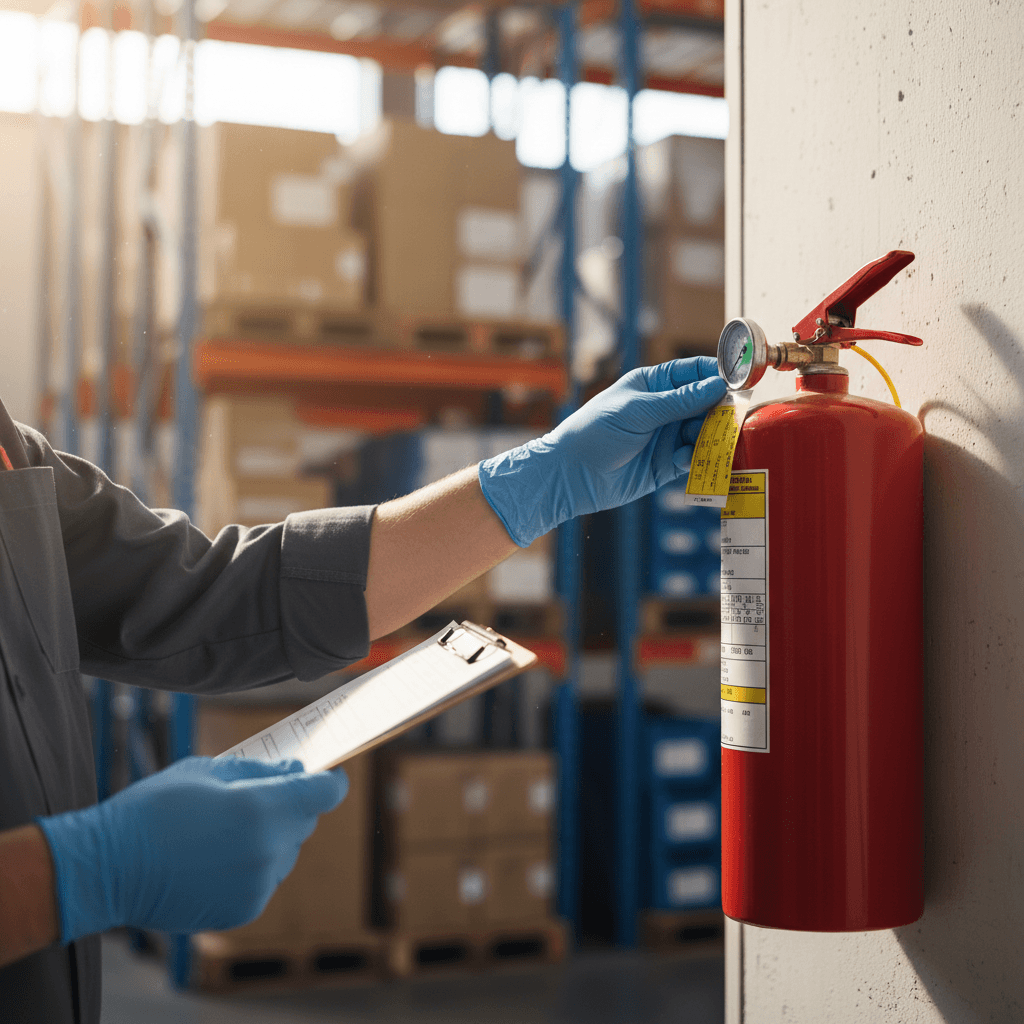 Fire safety inspector examining fire extinguisher during workplace assessment
