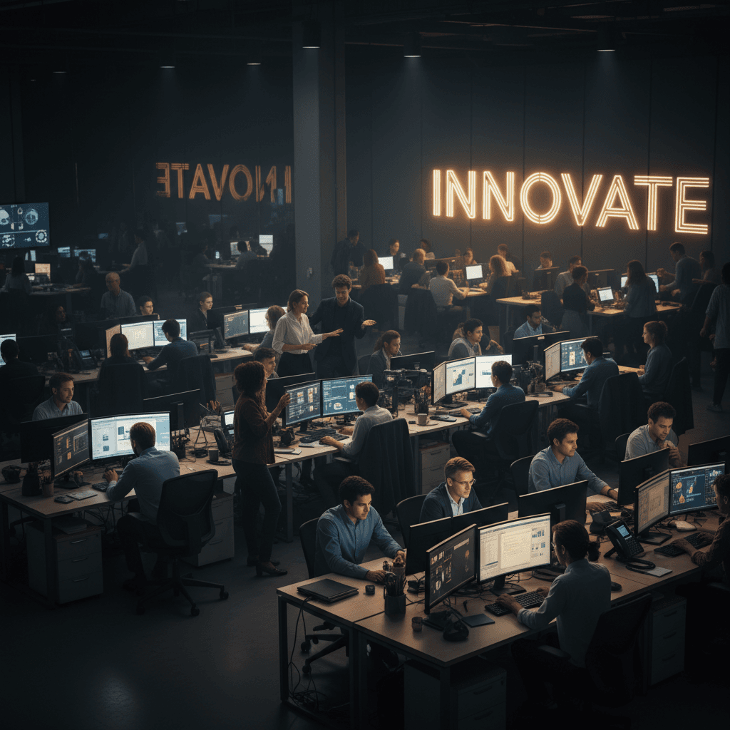 Busy, fully-staffed workplace in active operation