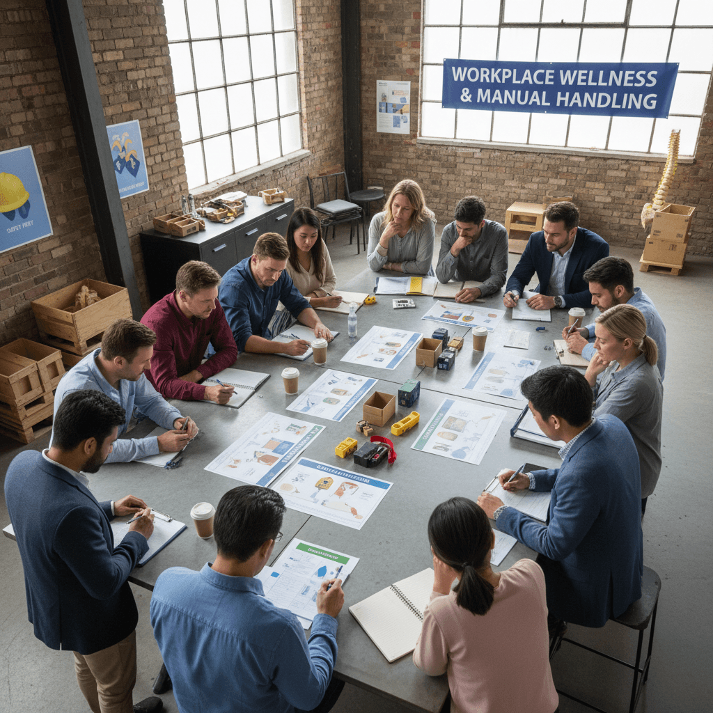 Group training session reviewing workplace-specific manual handling scenarios