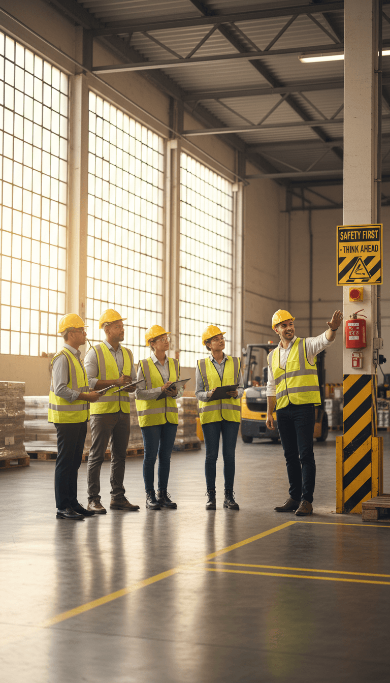 Health and safety professional conducting workplace audit and safety guidance