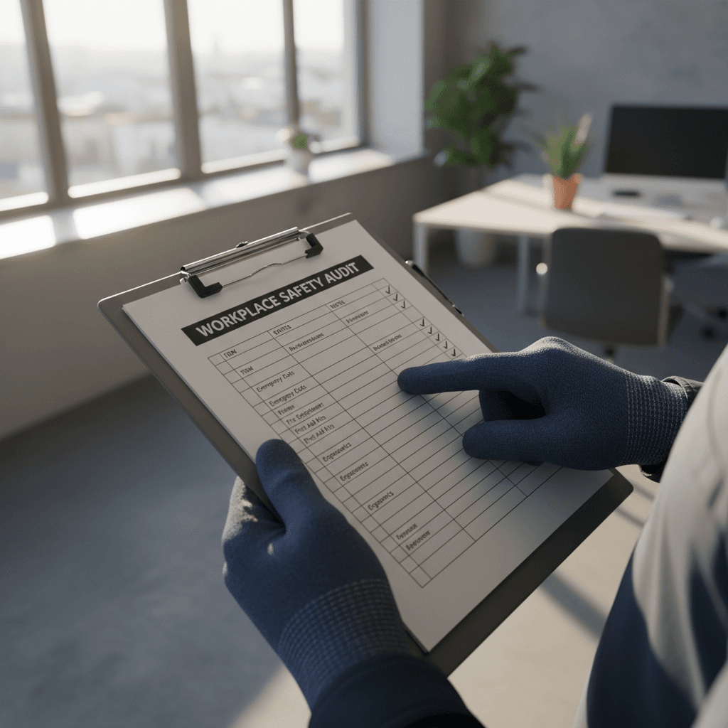 Safety inspector reviewing compliance checklist during health and safety audit