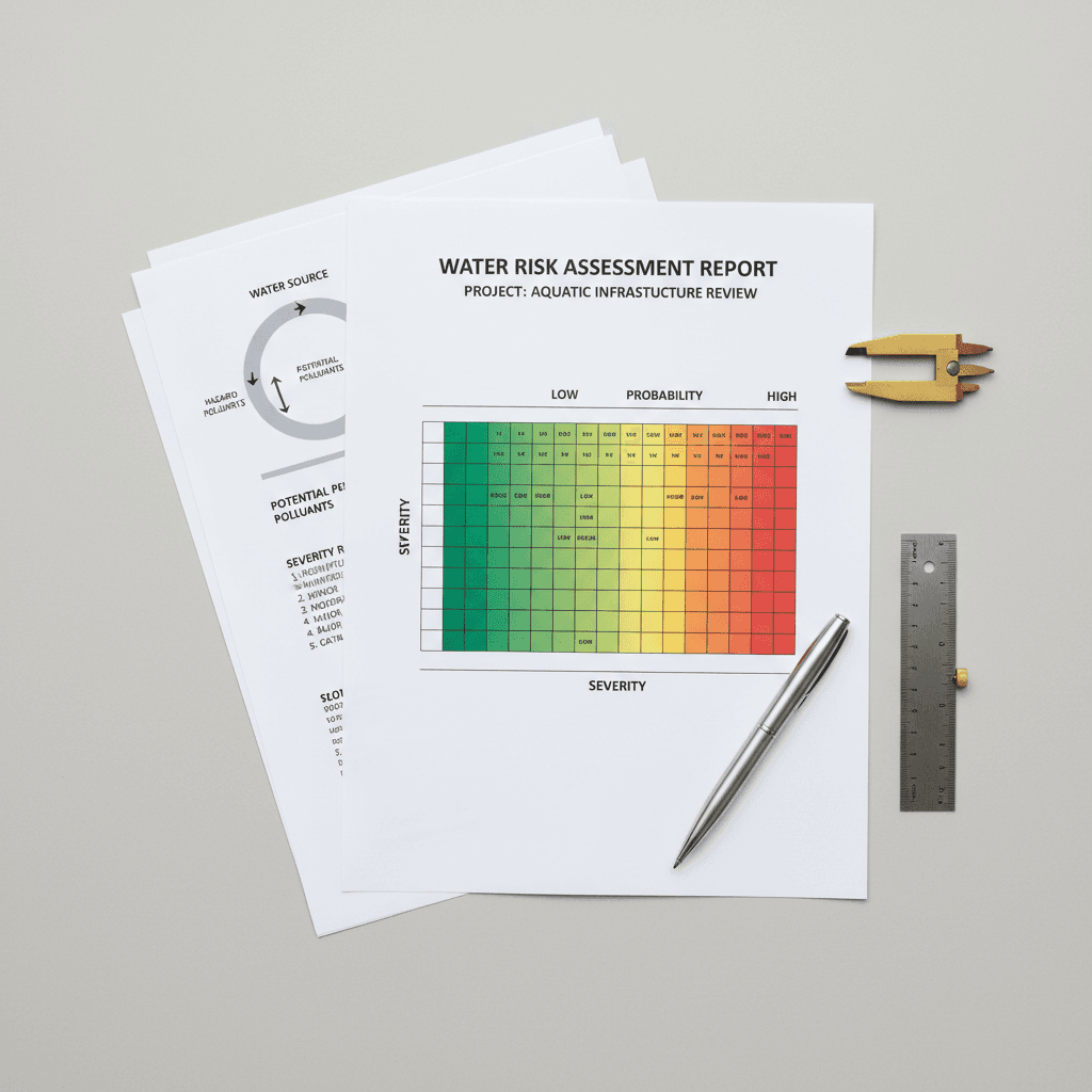 Water risk assessment report showing risk matrices and hazard ratings
