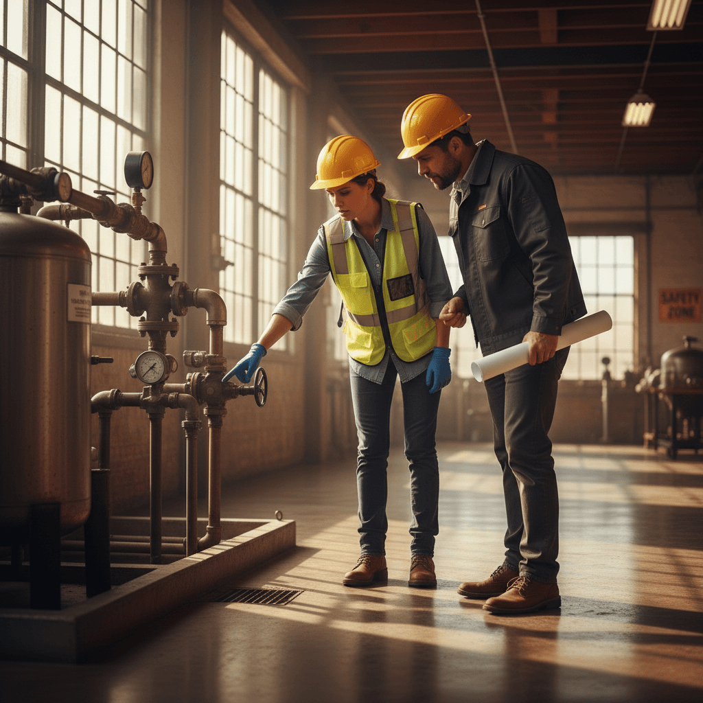 Safety professional consulting with facilities manager on water risk controls