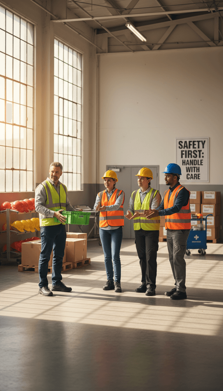 Manual handling training instructor demonstrating safe techniques to a diverse group of workers