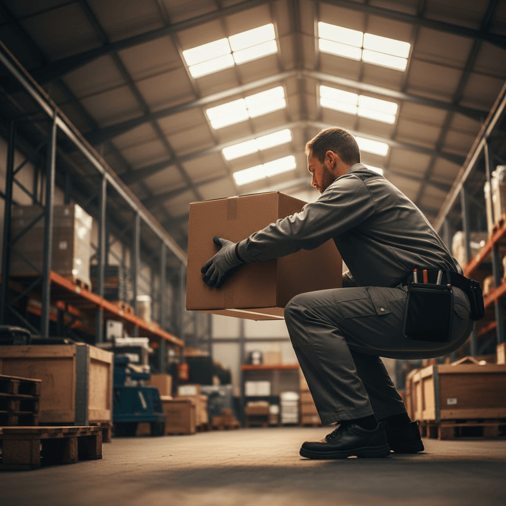 Worker demonstrating proper manual handling technique with correct lifting posture