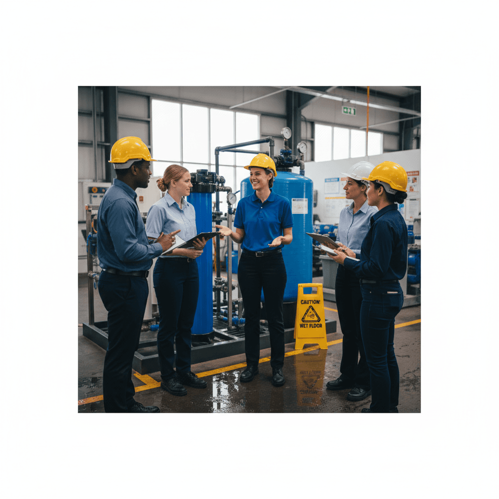 Safety officer delivering follow-up guidance to workplace team
