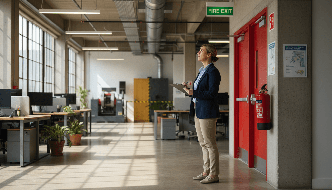 Safety consultant conducting fire risk assessment in Dublin office
