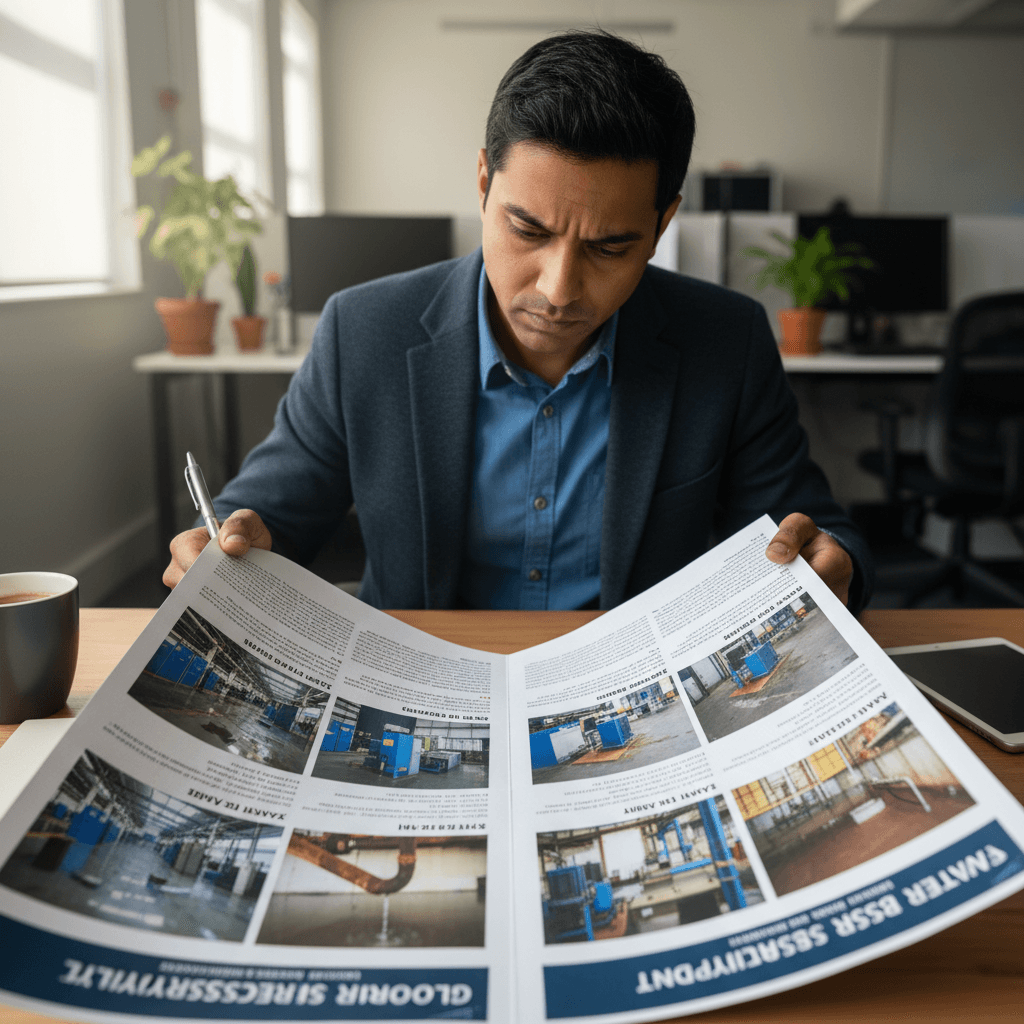 Employee reviewing detailed water risk assessment report with site photos