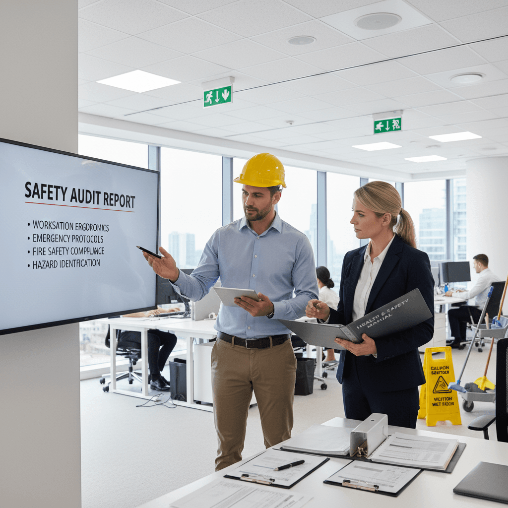 Health and safety professional reviewing safety documentation in office