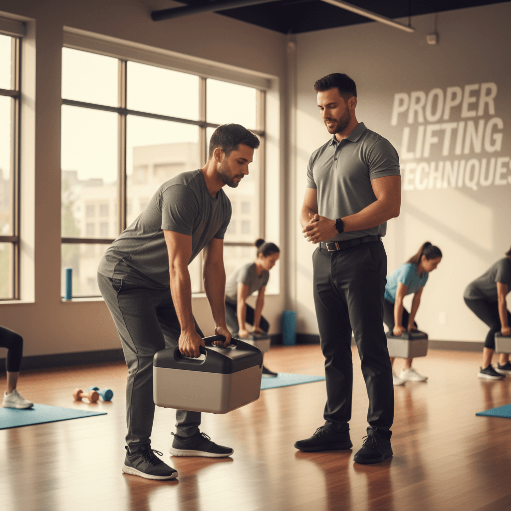 Employee practicing manual handling technique with trainer supervision