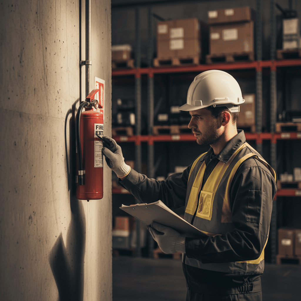 Fire safety professional inspecting fire equipment