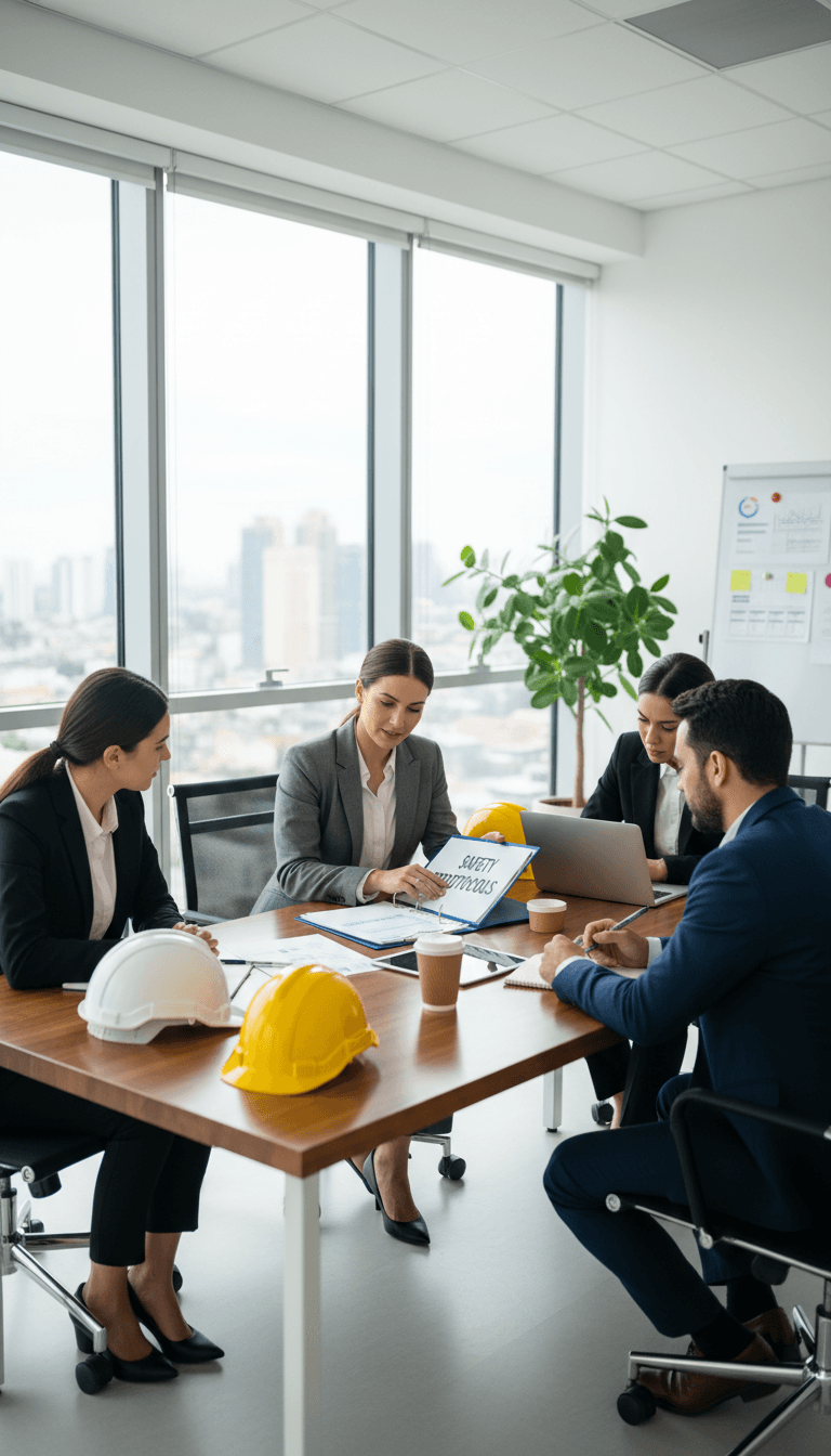 Health and safety professional discussing safety documentation with workplace manager