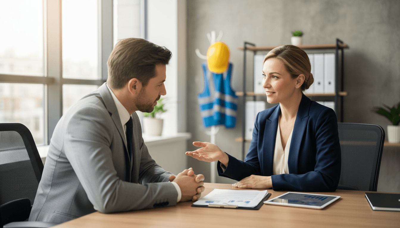 Health and safety professional discussing audit findings with a client in a Dublin office
